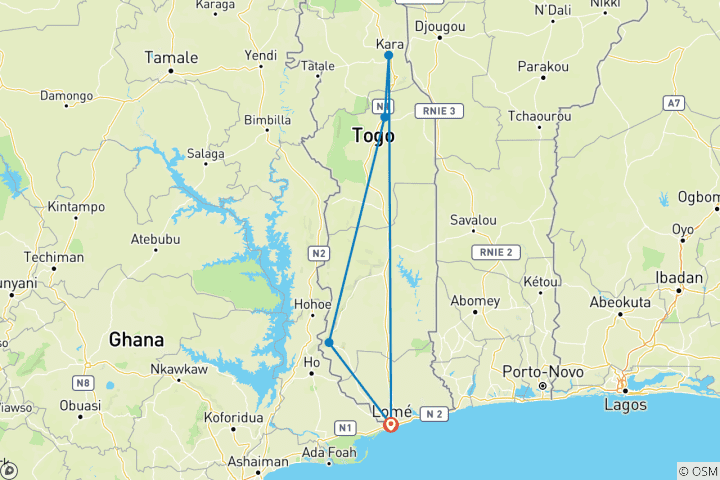 Carte du circuit Safari aventure au Togo - 5 jours / 4 nuits