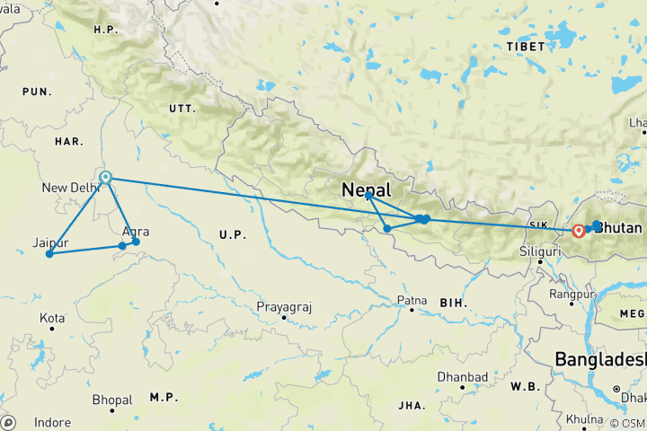 Map of India, Nepal & Bhutan Panorama Tour