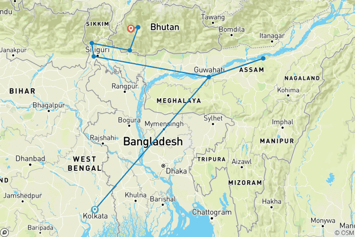 Map of Eastern India to Bhutan Panorama Tour