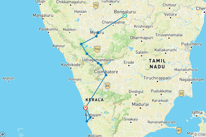 Karte von Südindien Heritage & Nagarhole Wildlife Reise