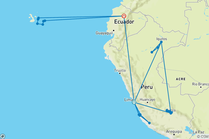 Carte du circuit De l'empire Inca à l'Amazonie péruvienne avec les lignes Nazca et la croisière Galápagos 2027