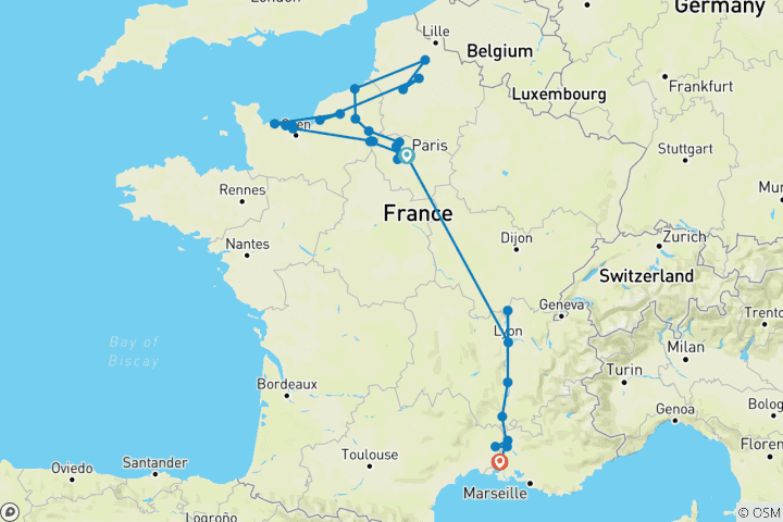Carte du circuit La France dévoilée : Croisière historique et commémorative de la Seconde Guerre mondiale sur la Seine et le Rhône