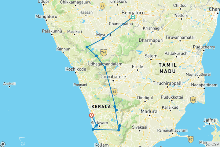 Karte von Karnataka nach Kerala Wildlife & Backwaters