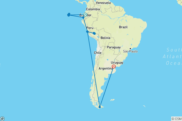 Mapa de Viaje a la Antártida con Galápagos y Perú 2027 - Guayaquil a Buenos Aires, 2028 - Quito a Buenos Aires (2028)