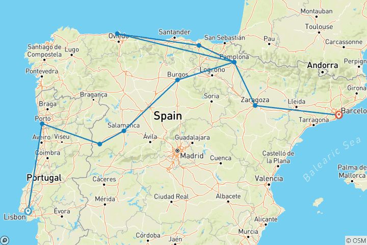 Kaart van Lissabon naar Barcelona (Klassiek)