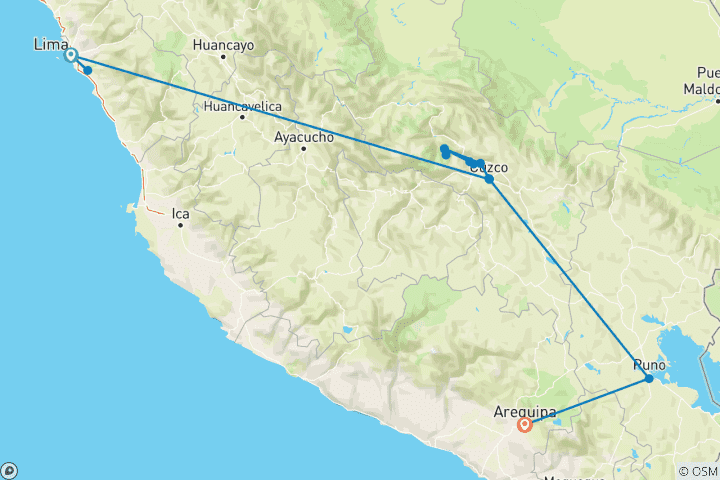 Kaart van Spirit of Peru met Belmond Andes Explorer trein Lima → Arequipa (2028)
