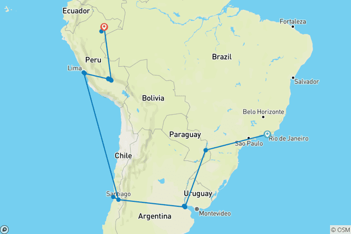 Mapa de Lo Mejor de Sudamérica con Crucero por el Amazonas 2026 - Santiago a Iquitos, 2027/28 - Río de Janeiro a Iquitos (2028) (26 destinations)