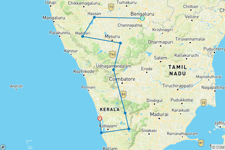Carte du circuit Safari en Inde du Sud et croisière sur les Backwaters du Kerala - 19 jours