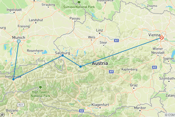 Carte du circuit Allemagne et Autriche en 8 jours - Munich, Innsbruck, Salzbourg et Vienne
