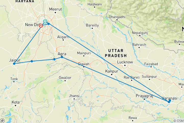 Kaart van DELHI AGRA JAIPUR MET VARANASI PER TREIN 6N 7D
