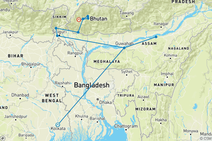 Karte von Assam, Darjeeling & Bhutan Odyssee