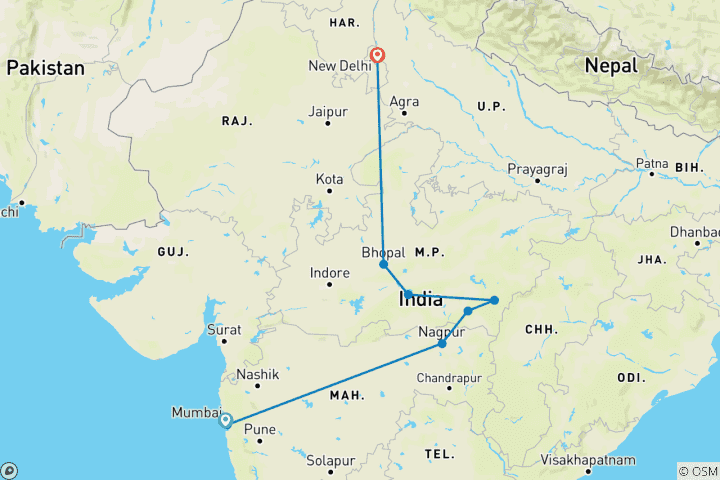 Map of Pench, Kanha Tiger Safari & India Temple Treasures