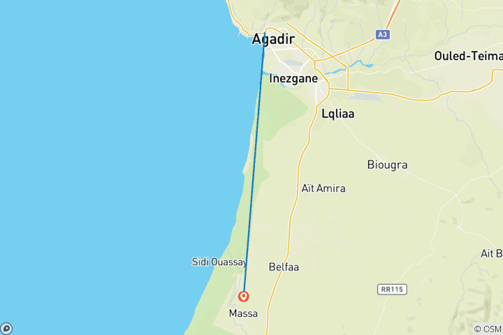 Kaart van Dagtocht kleine woestijn & nationaal park Massa vanuit Agadir