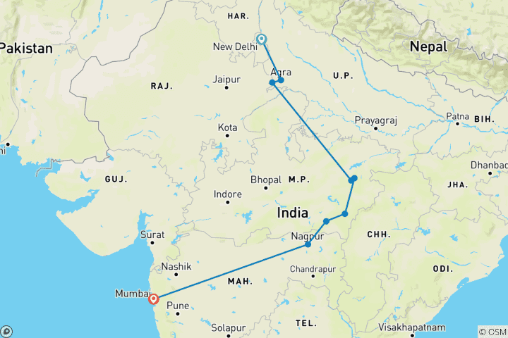 Map of Bandhavgarh, Kanha, Pench Tiger Safari & Taj Experience