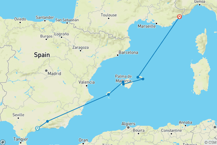 Mapa de Legados Mediterráneos: De Andalucía a Baleares - Entre tesoros árabes e islas encantadoras (paquete puerto a puerto)