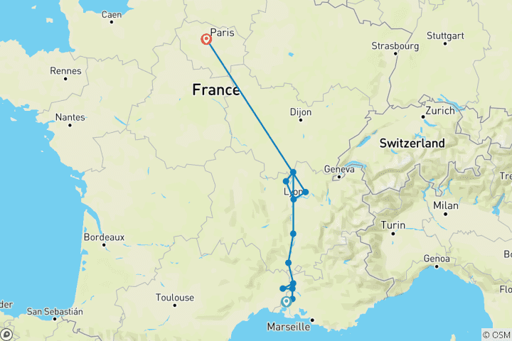 Karte von Sensationen in Lyon und der Provence & Paris 2026|2027 - 10 Tage