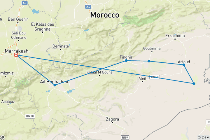 Mapa de Desde Marrakech: Viaje de ida y vuelta de 3 días desde Marrakech por el desierto de Merzouga y excursión en camello