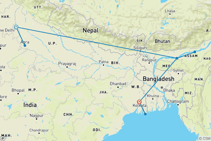 Karte von Nord- bis Ostindien mit Taj & Kaziranga Erlebnis