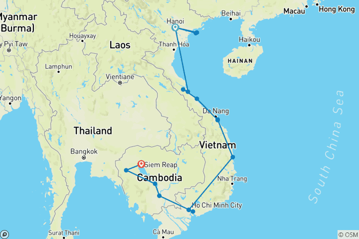 Carte du circuit De Hanoi à Siem Reap