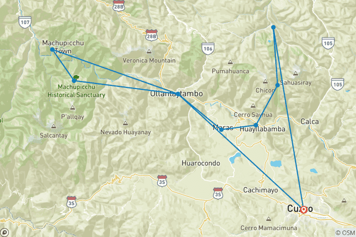 Carte du circuit Lares et court Inca Trail (5 jours)
