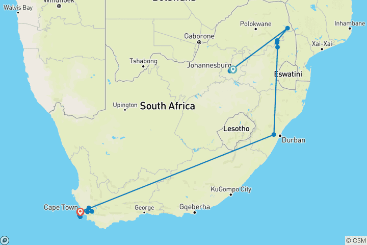 Kaart van Zuid-Afrika Joburg, Kruger & Kaap - 10 dagen