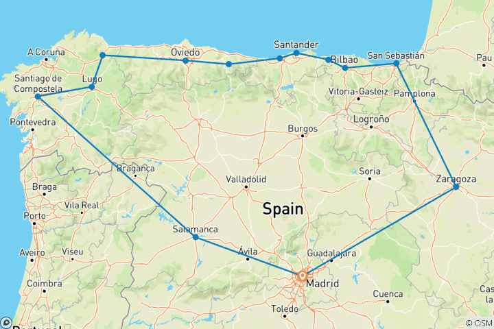 Kaart van Lus Madrid & Noord-Spanje - 10 dagen