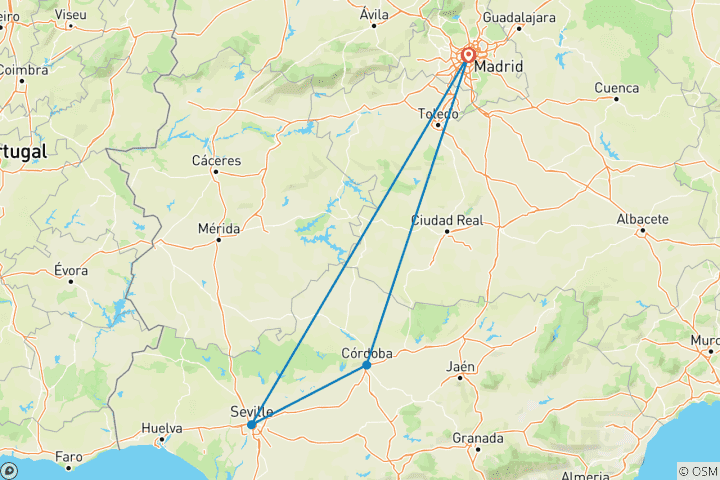 Kaart van Madrid, Cordoba & Sevilla - 3 dagen