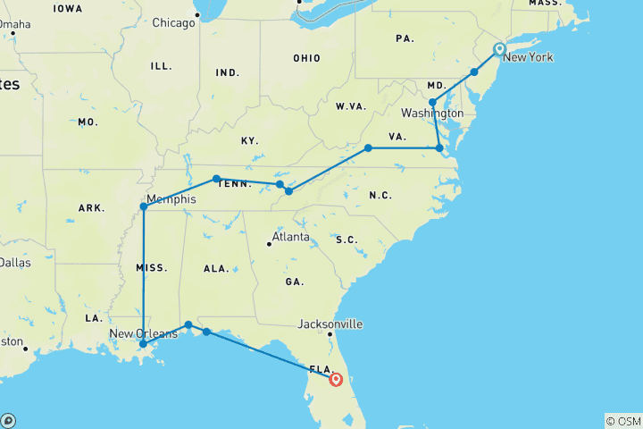 Kaart van Ontdekkingsreis naar Orlando - 13 dagen