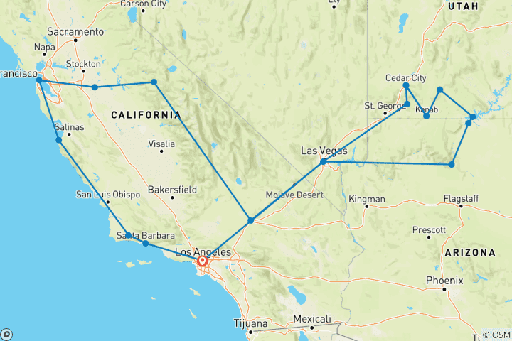 Kaart van Grand Canyon & Westkust Ontdekkingsreis - 7 dagen