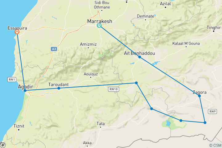 Carte du circuit AU DÉPART DE MARRAKECH : Circuit « Turbans bleus » de 4 jours : le désert du Sahara et l'océan Atlantique