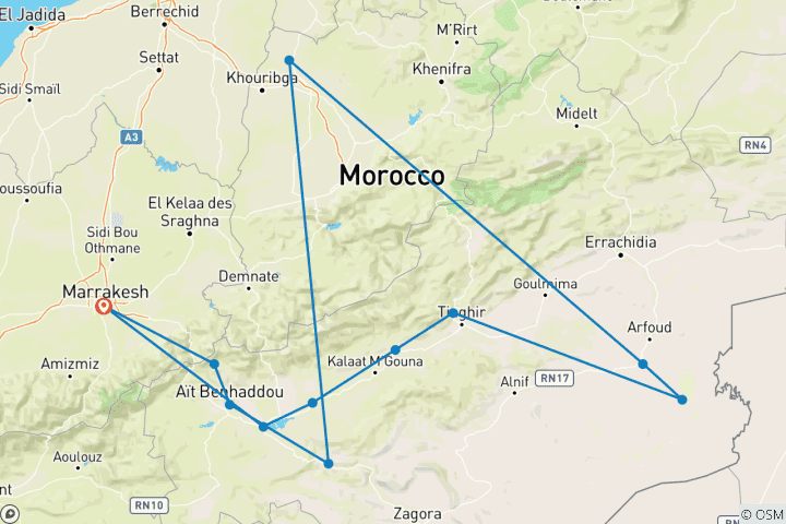 Karte von 7 Tage Luxus-WüstenReise von Marrakesch nach Marrakesch: Atlasgebirge, Kasbahs & Luxus-Camp
