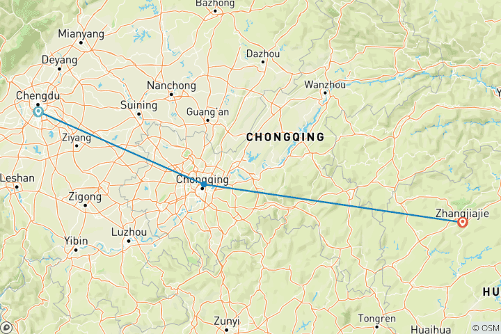 Carte du circuit Circuit en petit groupe de 8 jours à Chengdu, Chongqing et Zhangjiajie (max. 16)