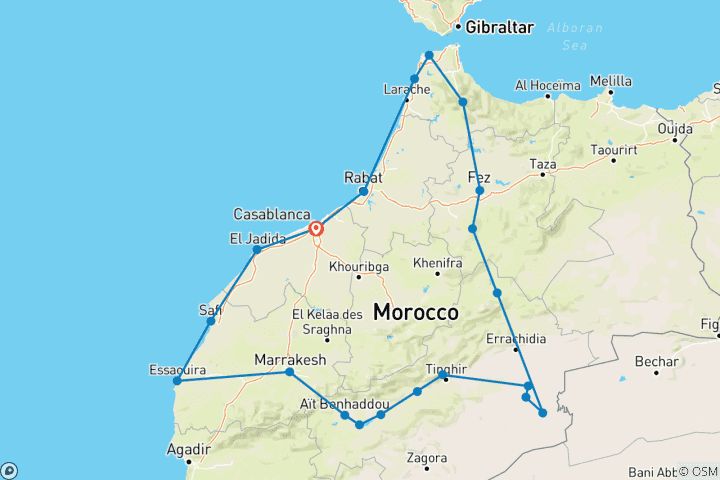 Kaart van 14 dagen vanuit Casablanca: keizerlijke steden, kasbahs, woestijn, bergen en kust | Blue Turbans Adventures