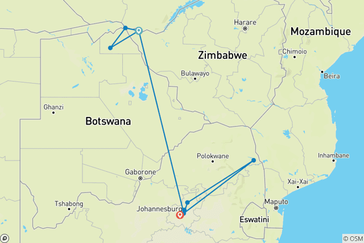 Kaart van Cricket, Victoria Watervallen & Safari rondreis 2027 - 12-daags Afrika avontuur (Zimbabwe, Botswana & Zuid-Afrika)