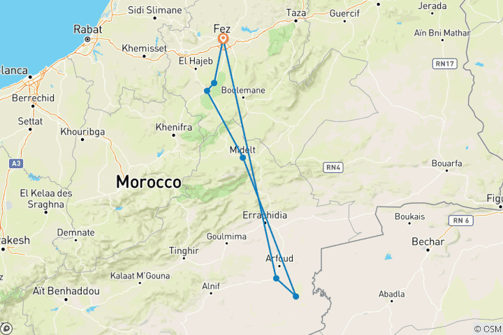 Carte du circuit Dunes d'or et merveilles du Moyen Atlas : Circuit de 2 jours dans le désert de Fès retour à Fès