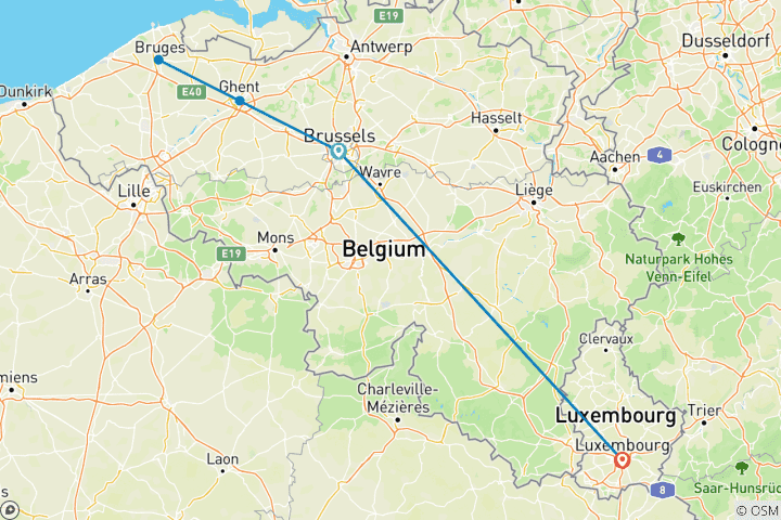 Carte du circuit 9 jours à Bruxelles et au Luxembourg en train : Villes de contes de fées, châteaux et culture