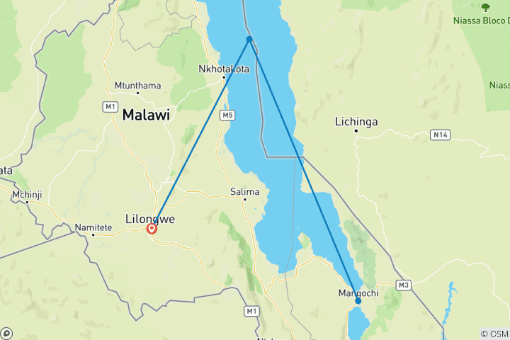 Mapa de Itinerario del Festival del Lago de las Estrellas (Malawi) - Experiencia de 5 días
