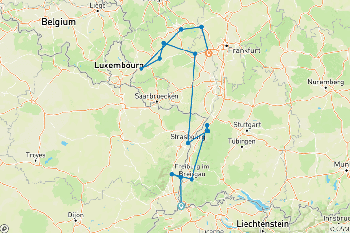 Kaart van Charmante kastelen en wijngaarden aan de Rijn en Moezel 2026 - 8 dagen (van Bazel naar Mainz)