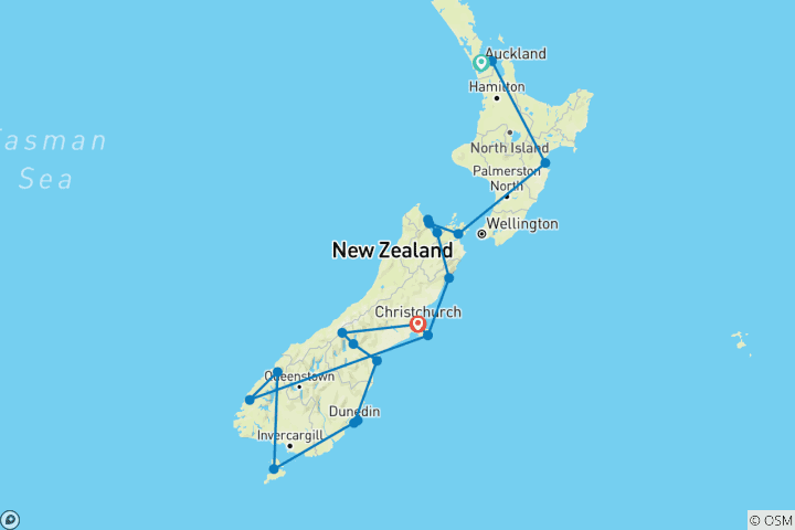 Map of New Zealand Splendours, Mt. Cook & Christchurch - Cruise & Land Journey