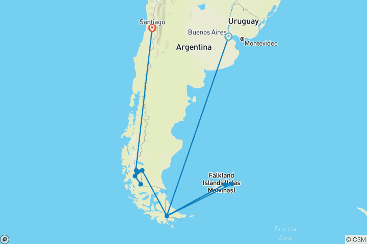 Carte du circuit Aventure en Patagonie avec l'Antarctique et la Géorgie du Sud - Croisière et voyage à terre