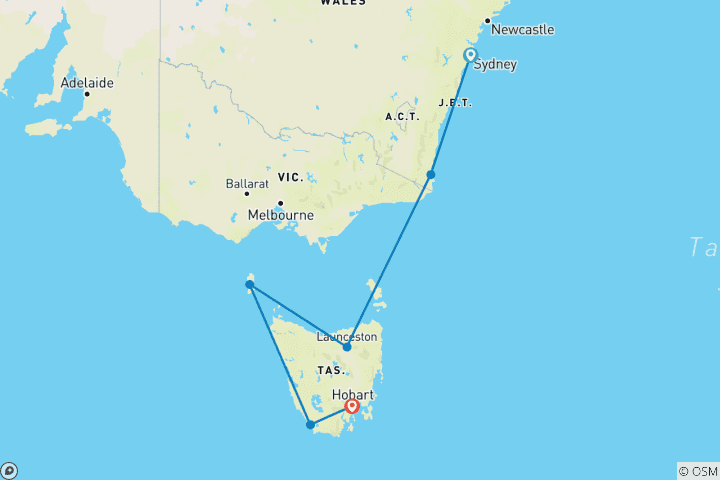 Carte du circuit La nature vierge de la Tasmanie