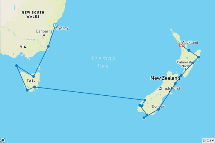 Carte du circuit Voyage ultime : La côte est de l'Australie et les fjords de Nouvelle-Zélande