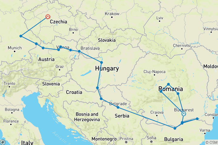 Kaart van Oost-Europa & Balkan Onontdekt & Juweeltjes van de Donau met Transsylvanië & Praag 2027 - 23 Dagen (21 bestemmingen)