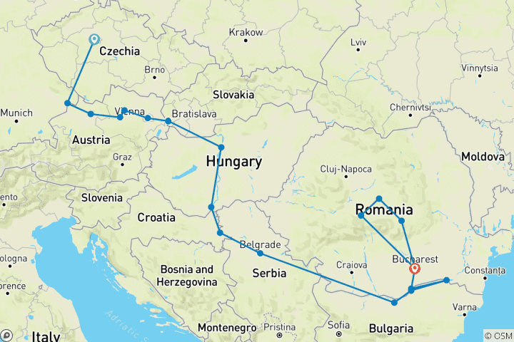 Kaart van Oost-Europa & Balkan Onontdekt & Juweeltjes van de Donau met Transsylvanië & Praag 2027 - 23 Dagen (20 bestemmingen)