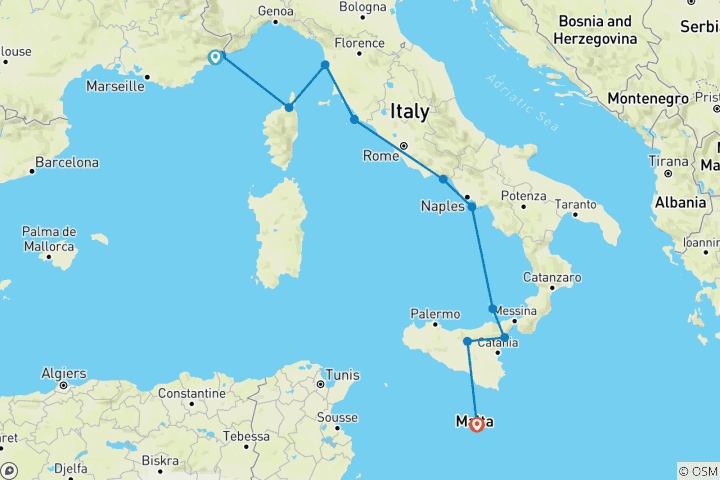 Map of French Riviera & Amalfi Coast to Malta