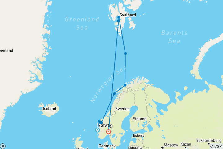 Carte du circuit Fjords norvégiens, faune et flore du Svalbard et du cercle arctique (10 destinations)