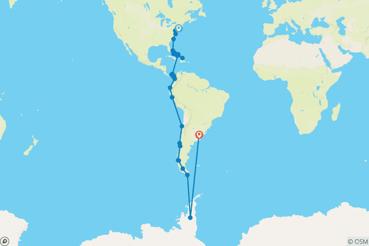 Carte du circuit Grand Voyage : Des Caraïbes au canal de Panama et à l'Antarctique