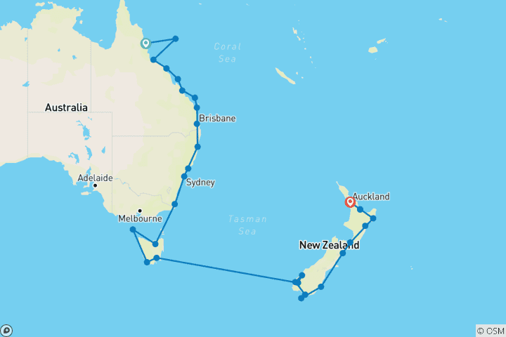 Map of Ultimate Voyage: Great Barrier Reef & New Zealand's Fjords
