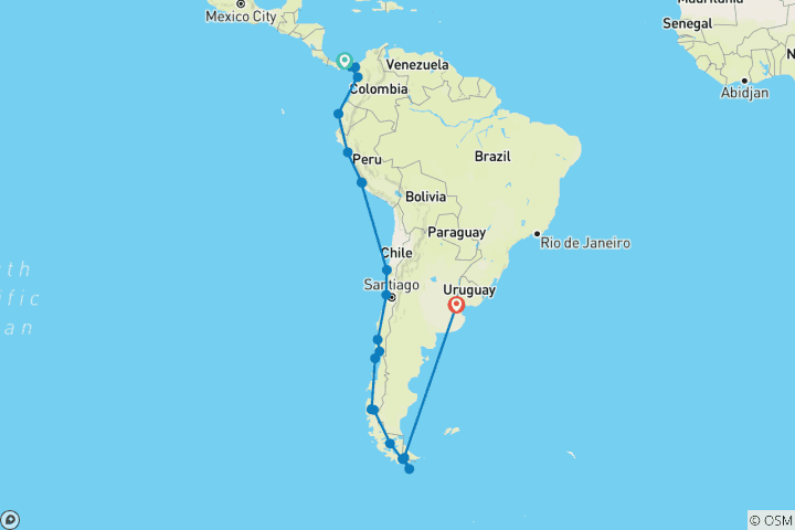 Carte du circuit Ultimate Voyage : Amérique du Sud et Antarctique 2028
