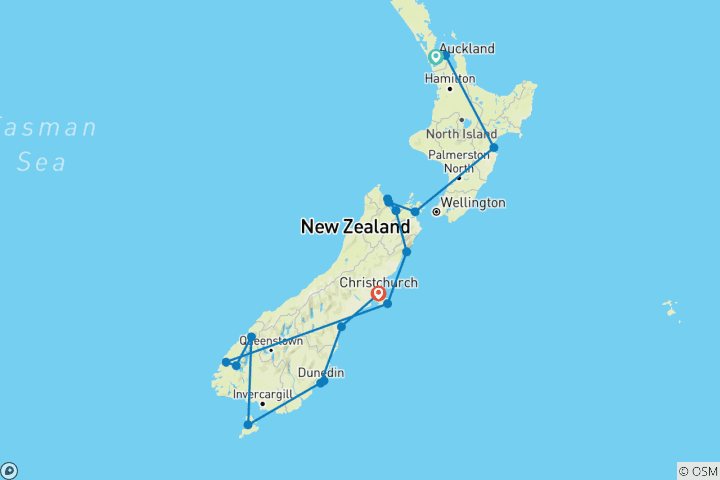 Carte du circuit Splendeurs de la Nouvelle-Zélande : D'Auckland à Christchurch